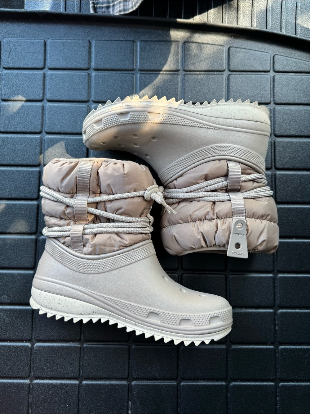 CROCS Classic Neo Puff Quilted Winter Rain Boots in Taupe
